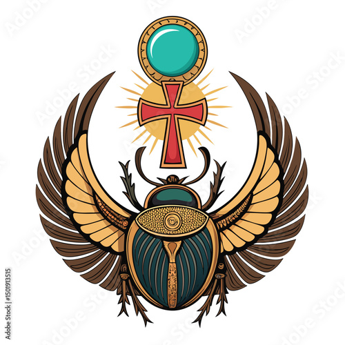 A detailed illustration of a scarab beetle majestically holding aloft a sun disk above an ankh symbol, Egyptian style.