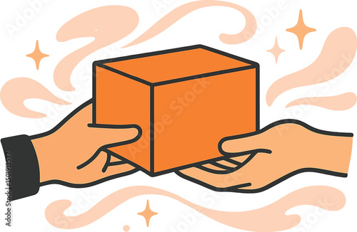 A hand is shown passing an orange package to another hand set against a light abstract background that features swirling pink shapes and sparkles, symbolizing delivery and shipping in a vector
