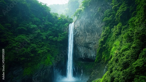 Lush waterfall cascading down a rocky cliff in a dense green forest