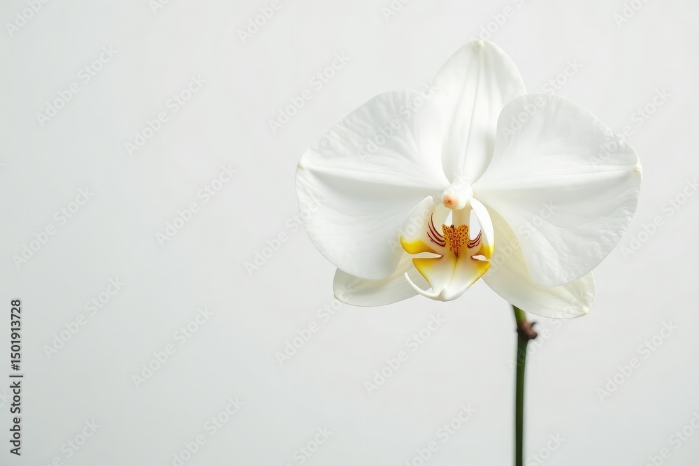 Fototapeta premium Delicate white orchid blossom against pure white backdrop, design, petal