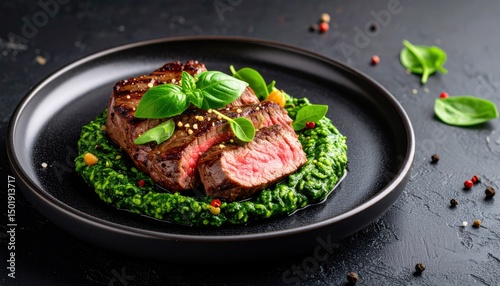 Juicy grilled steak with spinach puree gourmet restaurant food photography elegant setting close-up culinary art