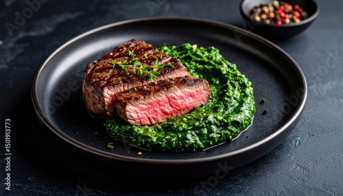 Grilled steak with spinach puree gourmet kitchen food photography dark background close-up culinary art