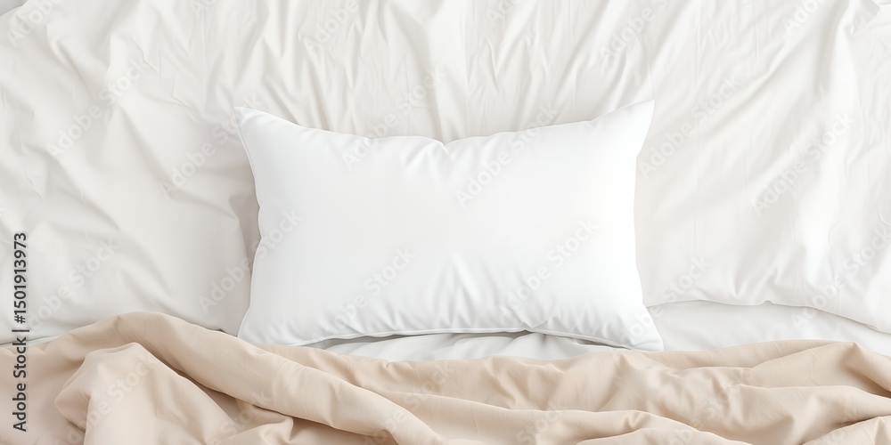 Obraz premium A top view of a white pillow on a white bed with a beige blanket in a bright and airy setting