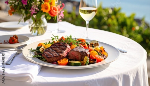 Gourmet dinner experience coastal restaurant food photography elegant setting close-up culinary delight