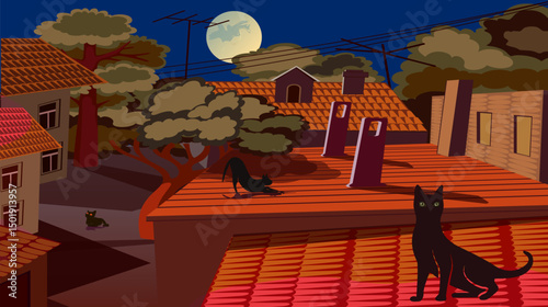 Night, rooftops and cats, mood vector illustration 