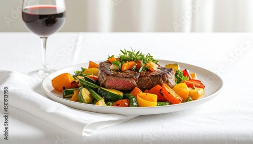 Grilled steak dinner fine dining restaurant culinary presentation elegant setting close-up view gourmet experience