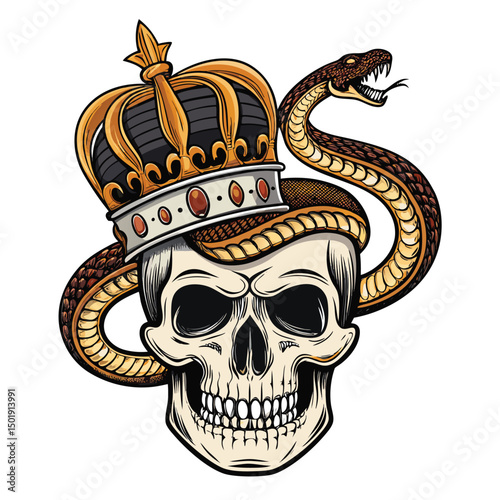 Stylized illustration serpent crown atop ancient king's skull; dark, detailed, intricate; fantasy art style.