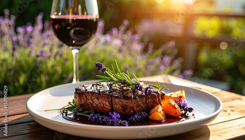 Elegant steak dinner with wine in scenic garden setting at sunset gourmet food photography