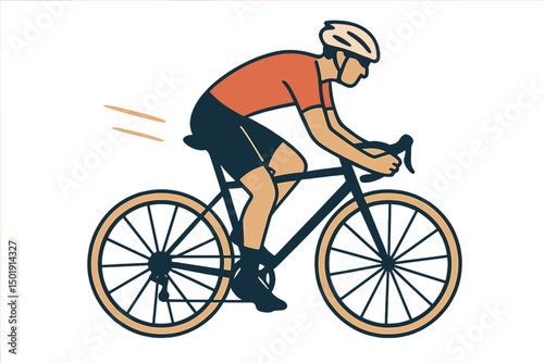 A person wearing a helmet and sport suit is riding a bicycle, conveying a sense of movement and a cycling lifestyle related to triathlon concepts, depicted in a hand-drawn modern vector illustration