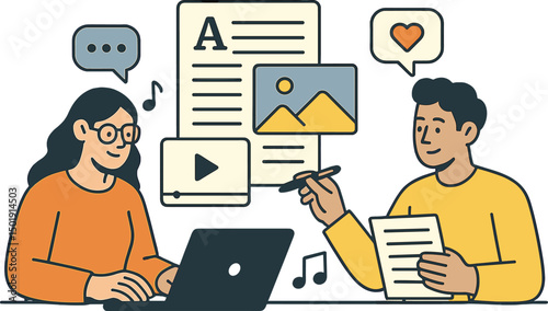 A creative team collaborates to produce content, with a man and woman working together to generate material for social media platforms and messaging services, while art directors oversee the editing