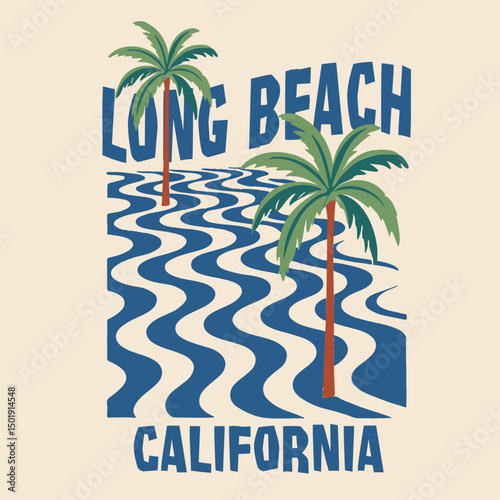 Long Beach California tee print design. tropical summer graphics in vintage tshirt. california  surfing graphics. vintage beach t shirt print.
