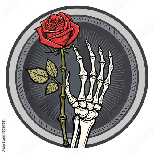 A skeletal hand delicately cradles a vibrant red rose within a meticulously crafted wax seal emblem, showcasing gothic elegance.