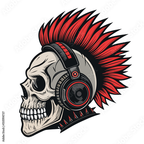 A detailed illustration of a skull wearing vintage headphones and a vibrant mohawk, styled in a punk rock aesthetic.