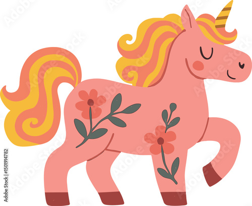 A cute pink unicorn is depicted as a fairytale funny whimsical groovy horse in a print design suitable for greeting cards, posters, and banners, specifically for the Year of the Horse, created as a