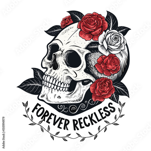 A human skull adorned with vibrant red roses,  surrounded by thorns, with the word "FOREVE" inscribed in elegant gothic script.