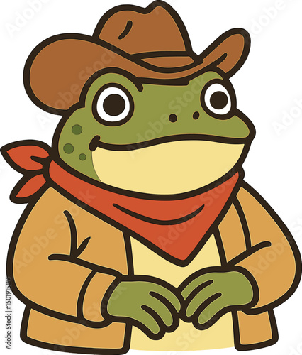 A Green Frog is depicted wearing clothes, accompanied by a Toad sporting a cowboy hat and neck bandana, forming a cute and funny cartoon character