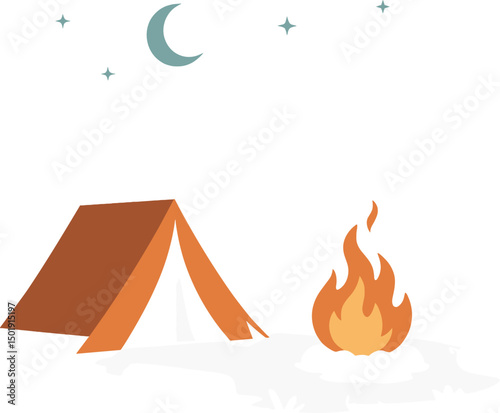Vector illustration of a nighttime campsite in a dark forest with a campfire, tent, and evening picnic setup amidst a woodland nature scene for a travel hiking trip