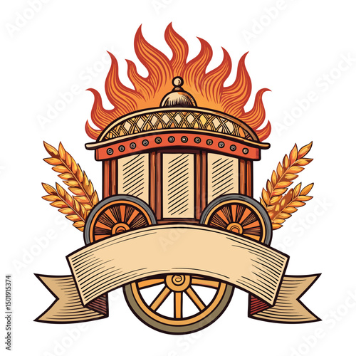Design a street badge featuring an ancient chariot with a flaming wheel, emphasizing intricate detail and a worn, metallic texture.