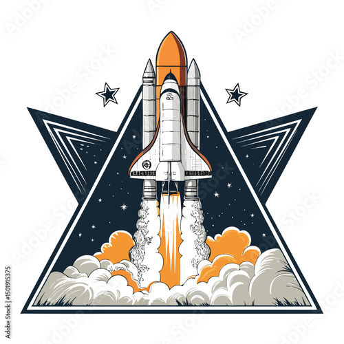 A majestic space shuttle launches within a vibrant, glowing star triangle, fiery exhaust trails illuminating the cosmic scene.
