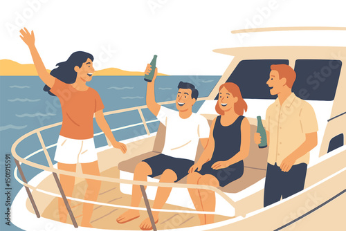 Individuals are traveling by yacht or cruising on a boat, enjoying vector ocean or sea adventures and water parties with friends who are on a marine or nautical trip along the coastline for tourism