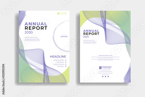 Annual report cover template with abstract green gradient shape and blue wavy lines. Minimalist and modern front and back layout for business, proposal, presentation, or company profile.