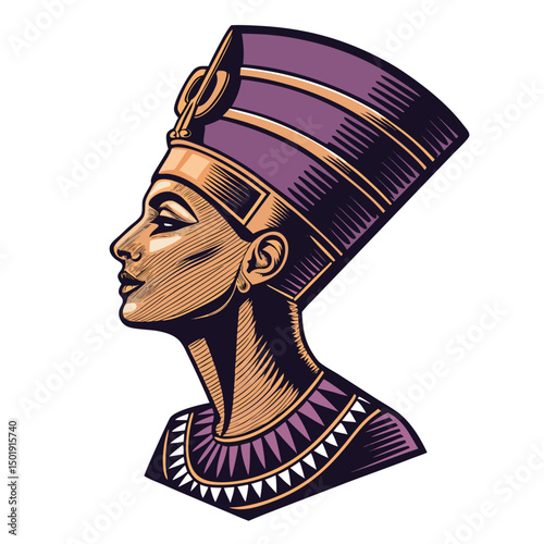 Design a streetwear badge featuring a stylized Nefertiti bust, incorporating modern typography and a trendy t-shirt graphic element.
