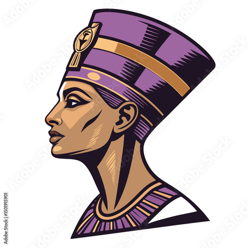 Design a streetwear badge featuring a stylized Nefertiti bust seamlessly integrated with a modern t-shirt graphic element.