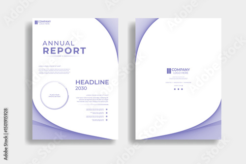 White annual report cover template with abstract blue wavy lines. Clean and minimalist front and back layout for business, proposal, presentation, or company profile.