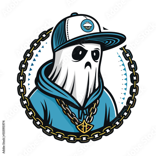 Design a stylish streetwear ghost character, complete with a baseball cap and a heavy, ornate chain.  The ghost should have a contemporary, urban aesthetic.