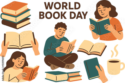 Create large, imaginative illustrations for World Book Day, featuring an assortment of charming and snug clip art images, including books, piles of books, people engrossed in reading, coffee cups