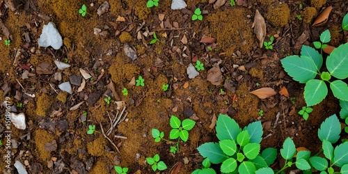 An overhead shot of ground covered with moss, small plants, leaves, and rocks in natural light