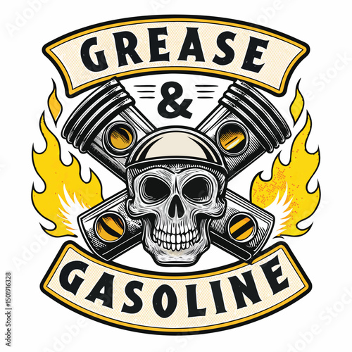 Design a vibrant crest featuring a skull intertwined with engine parts, dripping grease and gasoline, incorporating flames.