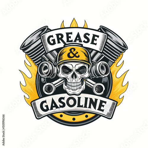 Design a crest featuring a skull integrated with engine parts, dripping grease and gasoline, incorporating flames.  Style should be gritty and detailed.