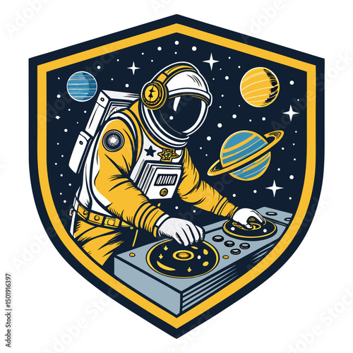 A futuristic astronaut DJ spinning records against a vibrant nebula backdrop, framed by a stylized 'BA' logo.  Detailed, vibrant, and cosmic.