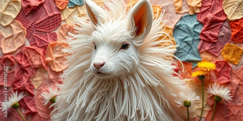 A white rabbit with fluffy fur surrounded by colorful knitted squares and small white and yellow flowers