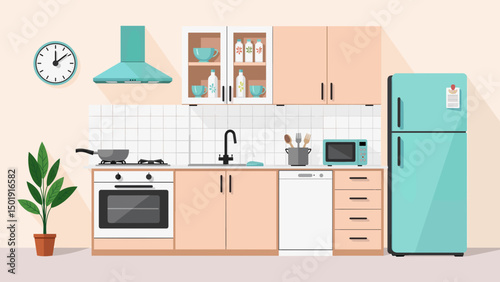 Modern kitchen interior with pastel colors and minimal design  