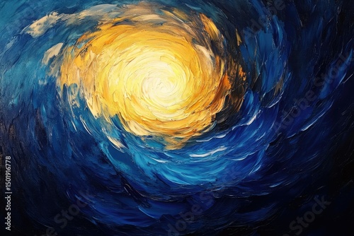 Abstract oil painting depicting a swirling vortex of deep blues and yellows, creating a sense of depth and movement with textured brushstrokes.