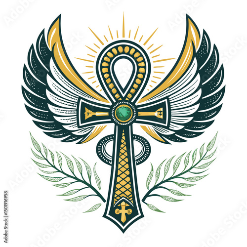 Design a stylized urban ankh, incorporating feathered wings and entwined snakes, rendered in a gritty, detailed, and textured style.