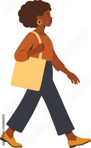 A fashionable young African woman is depicted walking while carrying a tote bag, symbolizing style and lifestyle, in a vector flat illustration featuring warm colors