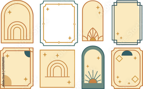 A collection of Boho and Art Deco frames is available, featuring elegant thin linear borders and arches adorned with stars