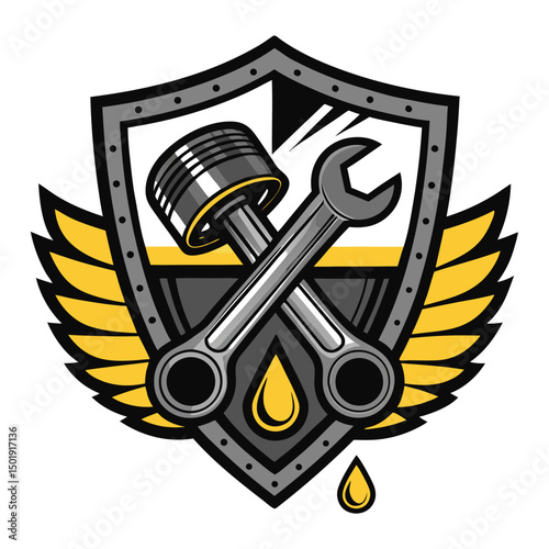 Design a vintage-style badge featuring a hand wrenching a piston, encircled by a garage shield.  Include the number '1' for a racing or competition feel.