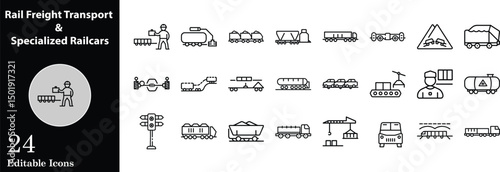 Collection of railway freight and transportation line icons representing railcars,train cars,and logistics concepts