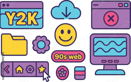 Y2k stickers featuring retro vaporwave design, reminiscent of 2000s window aesthetics or kitsch psychedelic art, including 90s web PC buttons, error messages, document folders, dashboard icons, and