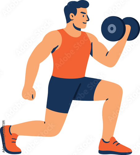 A muscular individual is shown lifting a dumbbell while engaging in strength training, utilizing athletic equipment and weights for physical exercise, as depicted in a flat isolated vector