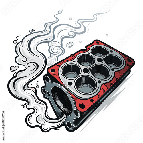 Detailed close-up of a damaged head gasket exhibiting a blown section, with escaping smoke depicted as a stylized curl.  High-resolution image.