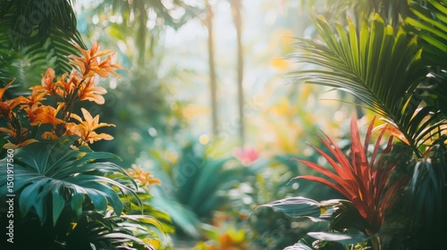 Lush Tropical Jungle with Vibrant Flowers and Lush Green Foliage