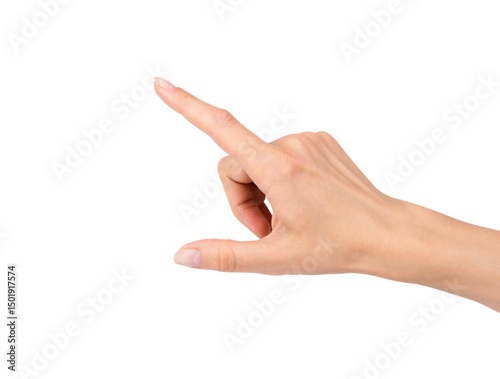 Woman's hand isolated on a white background. A fmale hand points to something with her index finger.