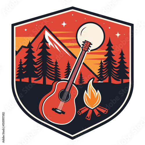 Design a vibrant summer festival badge featuring a stylized guitar, a crackling campfire, and whimsical summer elements.  Include space for text.