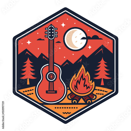 Design a vibrant summer festival badge featuring a stylized guitar, campfire, and a single, prominent musical note.  Incorporate rustic and playful elements.