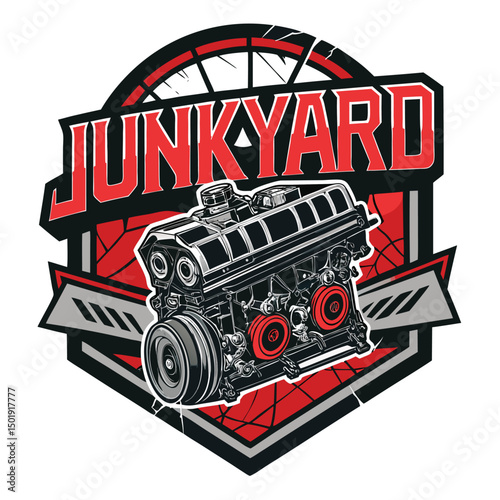 Design a logo for a junkyard, featuring a cracked glass font for the name and a stylized engine block element.  The overall feel should be gritty and industrial.